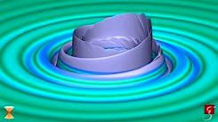 Abbildung der Gravitationswelle zweier verschmelzender schwarzer Löcher. Höhe und Farbe der Struktur verdeutlichen die Stärke der Gravitationswelle.