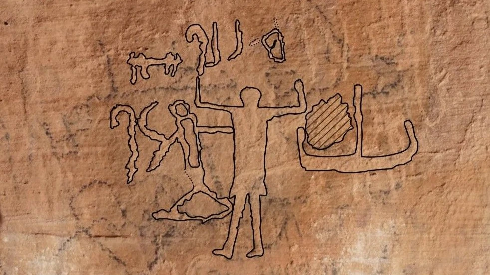 Frühdynastische ägyptische Propaganda im Wadi Chamila. Die fünf Zeichen über der Figur in Siegerpose bilden eine Inschrift in frühen Hieroglyphen, die jetzt entziffert wurde. - M. Nour El-Din/redrawing: E. Kiesel