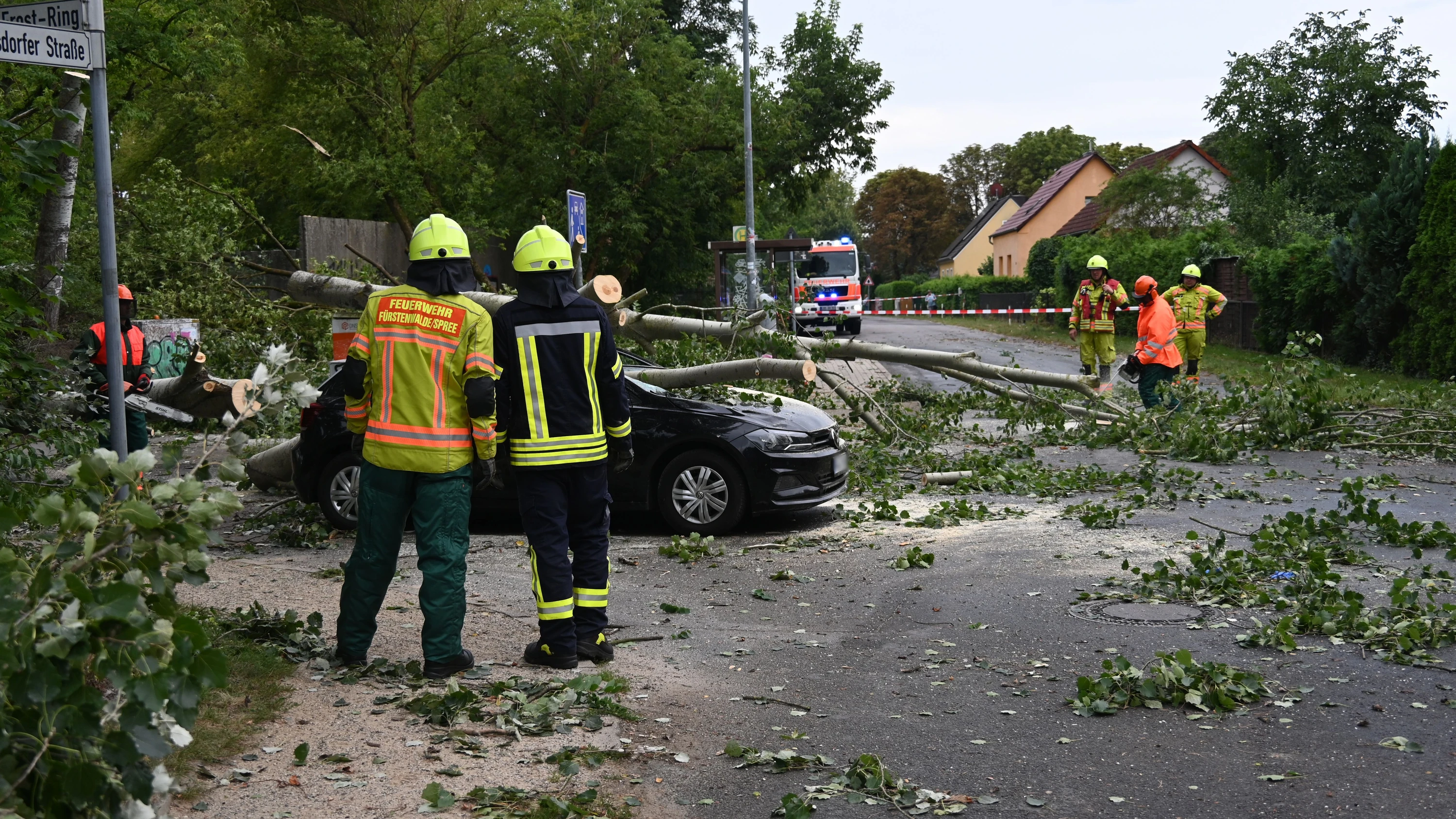Durch Fürstenwalde fegte ein Tornado: Ein umgestürzter Baum liegt auf einem Auto. - dpa