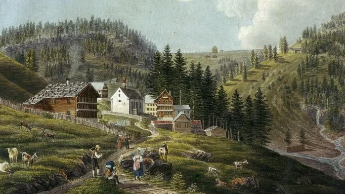 Als Goethe im Juli 1775 die Rigi bei Klösterli bestieg, sah es um die Kapelle Maria zum Schnee auch so grün aus. - Staatsarchiv Schwyz