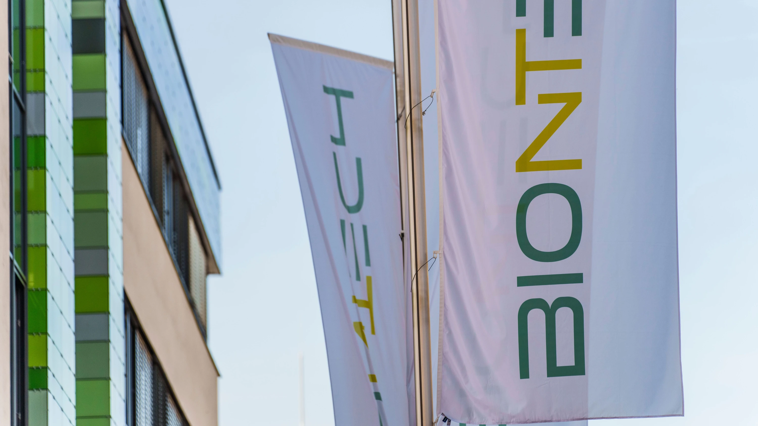 Fahnen mit dem Schriftzug des Pharma-Unternehmens vor seinem Hauptsitz in Mainz - dpa