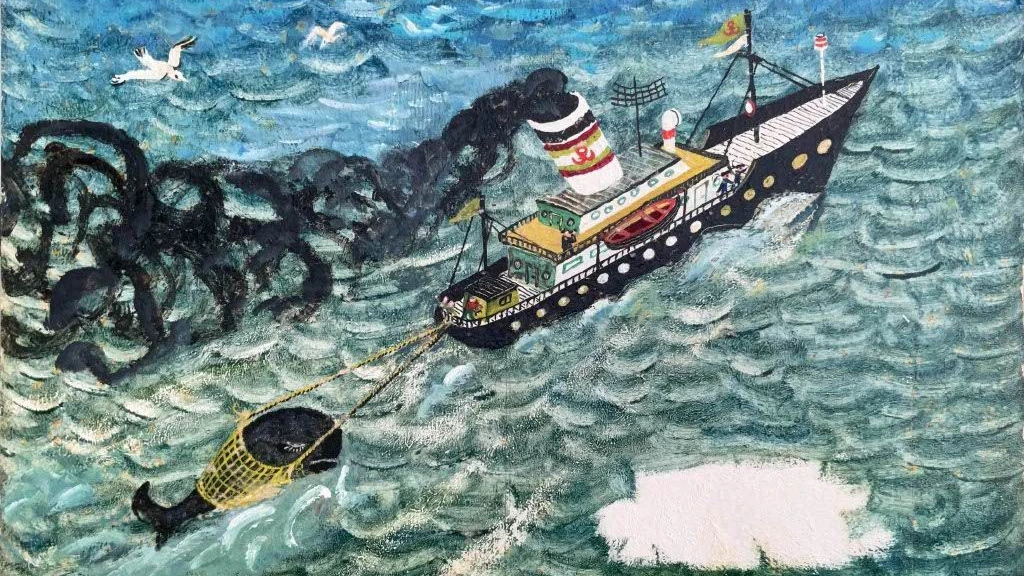 Abgeschleppt: Im Buch „Mobbi Weissbauch“ wird der Wal in einer „Weste“ durchs Wasser gezogen. - Konrad Golz
