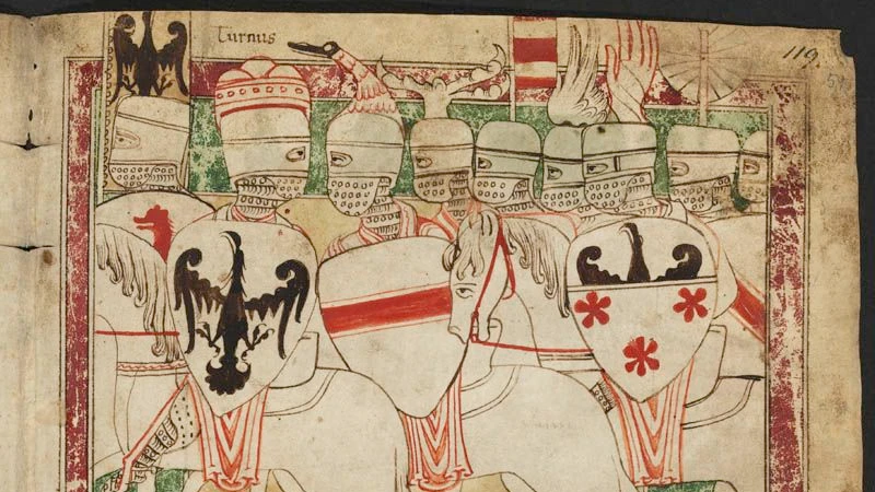 Ritter zogen zwar maskiert ins Feld, gaben die Urheberschaft ihrer Streiche aber mit ihrem heraldischen Schmuck zu erkennen. Turnus, der Gegner des Aeneas, führt in dieser illustrierten Handschrift der Eneide des Dichters Heinrich von Veldeke auf dem Schild das Wappen der Grafen von Wertheim mit dem wachsenden Adler über drei Rosen. - Staatsbliothek Berlin – Preußischer Kulturbesitz, Ms. Germ. 282, fol. 59r