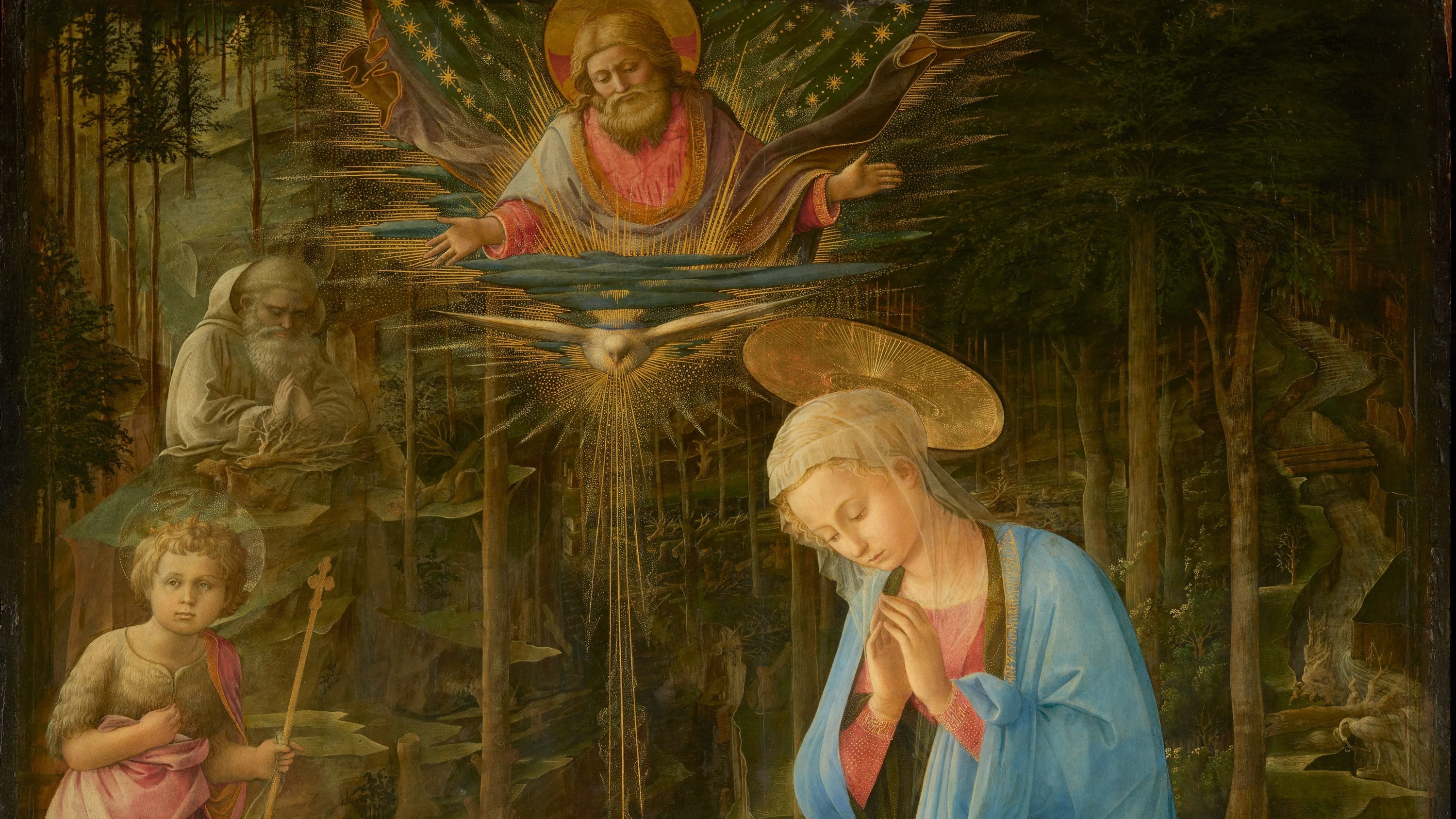 Heilige Szene vor gebirgiger Nutzlandschaft: Filippo Lippi malte „Die Anbetung im Walde“ für die Privatkapelle der Medici in Florenz. - Staatliche Museen zu Berlin, Gemäldegalerie/Sandra Stelzig