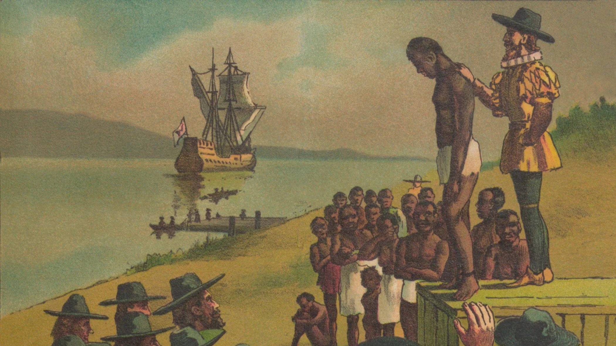 Der Sündenfall der amerikanischen Zivilisation: Ankunft von verschleppten Afrikanern im Jahr 1617 in Jamestown, wo sie als Sklaven verkauft wurden - picture alliance / Everett Colle