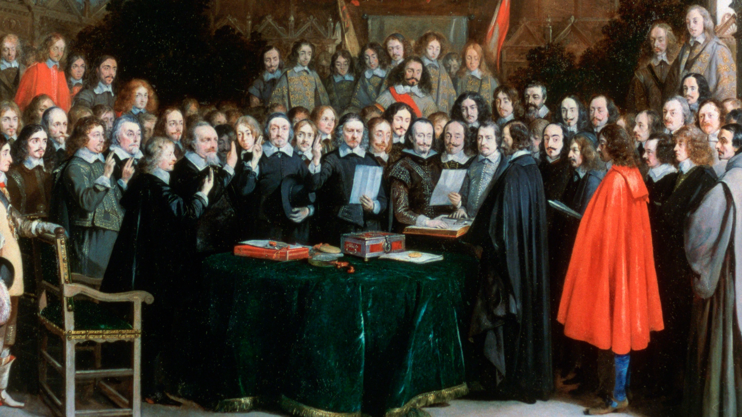 Das Gemälde von Gerard ter Borch „Der Friede zu Münster 1648“ zeigt die Eidesleistung der spanischen und niederländischen Gesandten am 15. Mai 1648 im Rathaus von Münster. - Picture Alliance