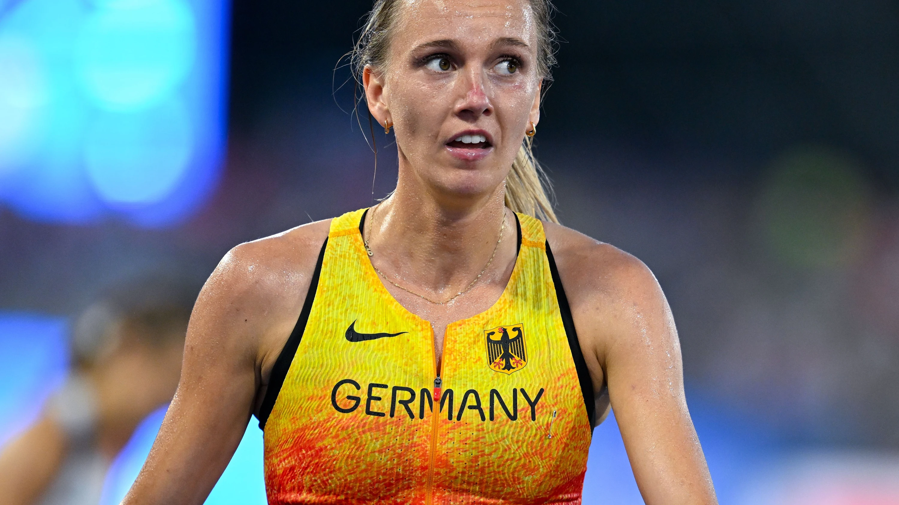 13.08.2026, Großbritannien, Birmingham: Leichtathletik: Europameisterschaft, Frauen, 3.000 Meter Hindernis, Finale, Lea Meyer (Deutschland) kommt nach einem Sturz ins Ziel. Foto: Sven Hoppe/dpa +++ dpa-Bildfunk +++ - dpa