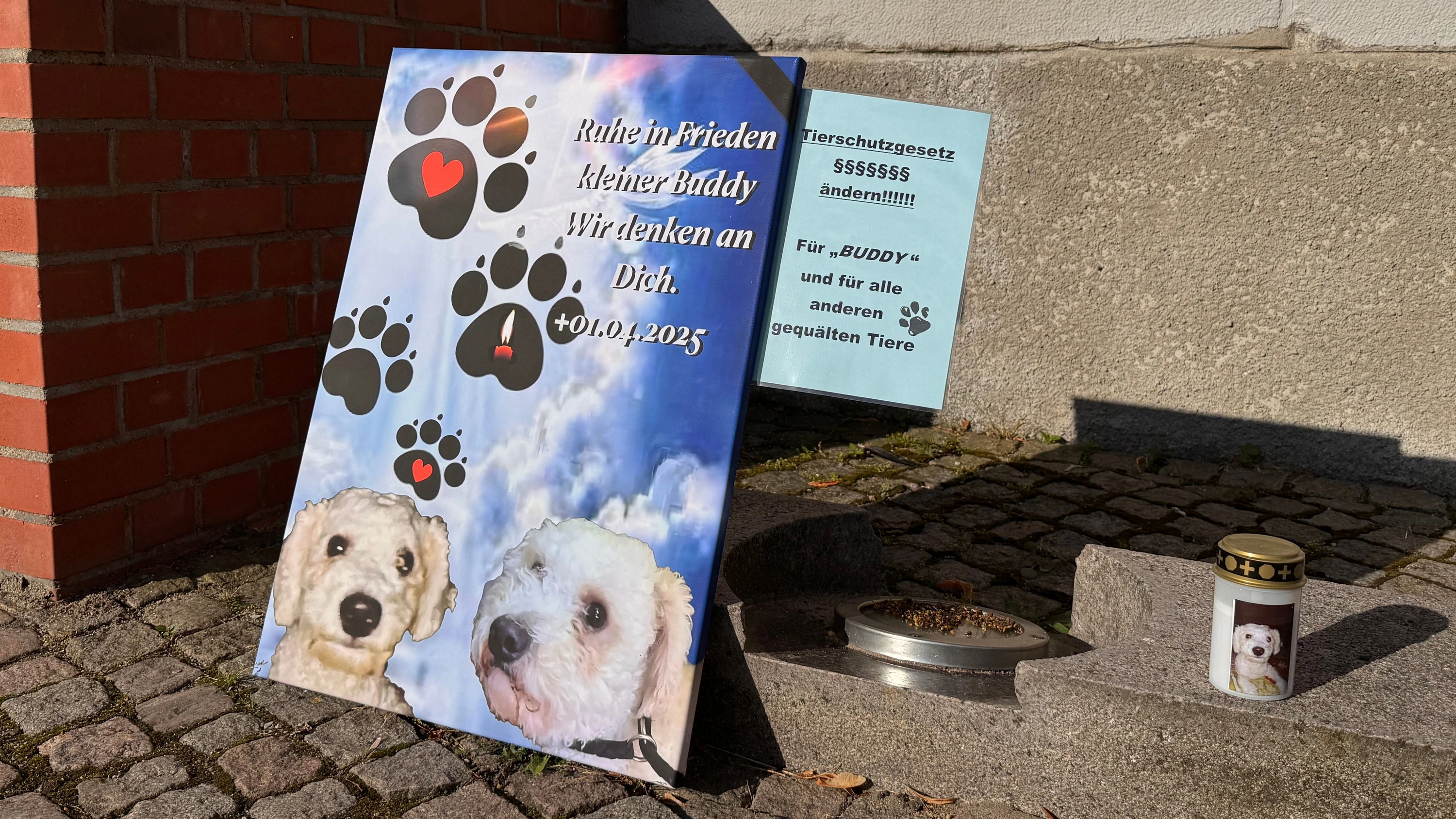 Vor dem Gerichtsgebäude wurden unter anderem ein Erinnerungsplakat und eine Kerze mit dem Bild von „Buddy“ aufgestellt. - dpa