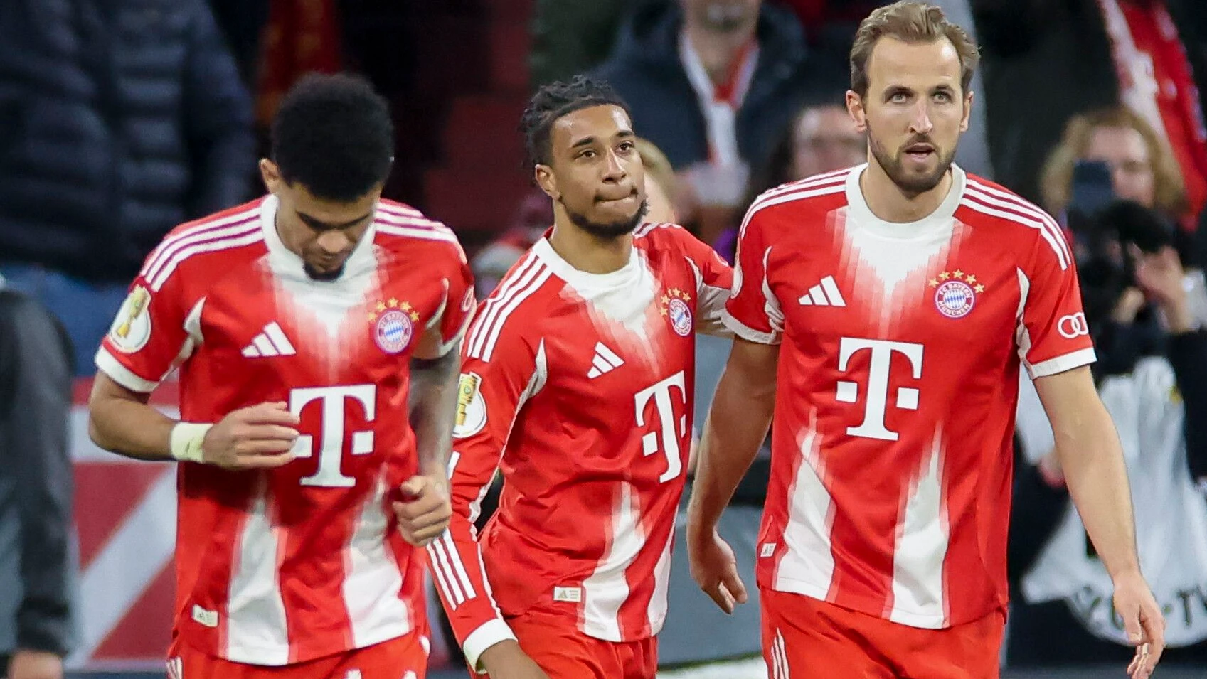 Umworben: Das Trio um Luis Diaz (von links nach rechts), Michael Olise und Harry Kane. - Picture Alliance