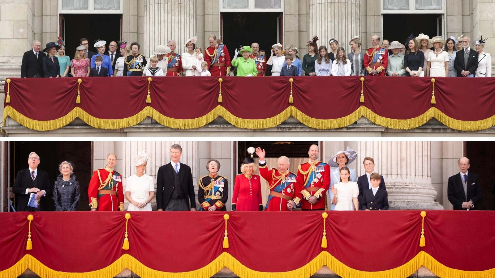 Viel Platz: 2016 war der Balkon des Buckingham-Palasts nach der Geburtstagsparade Trooping the Colour noch brechend voll (Bild oben), das hat Charles III. inzwischen geändert (unten). - Picture Alliance