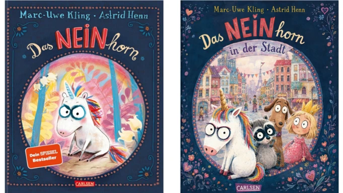 Das kann kein Zufall sein: Cover des ersten „NEINhorn“-Buchs von Marc-Uwe Kling und Astrid Henn (l.) neben dem von ChatGPT generierten - Carlsen Verlag