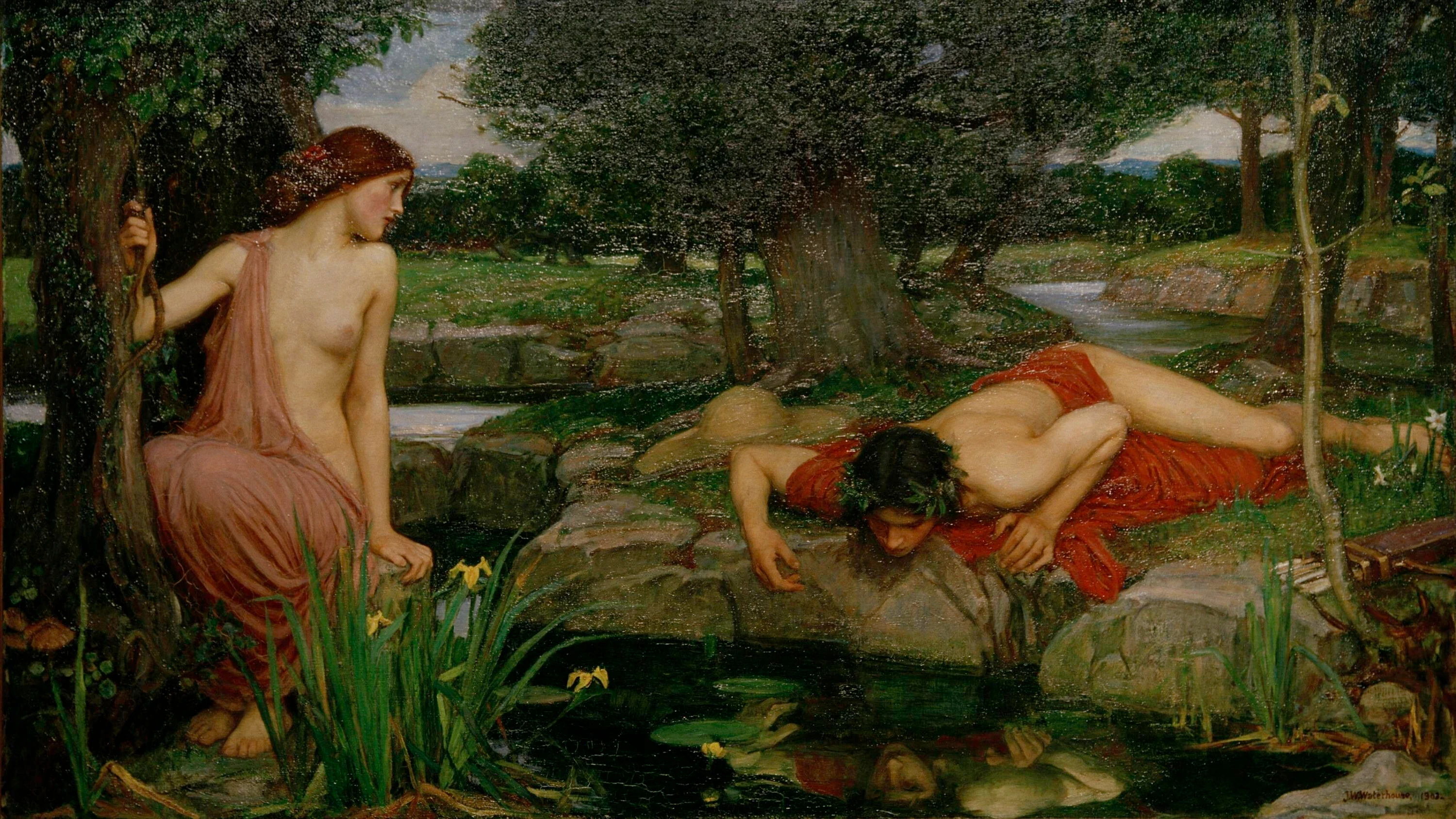 Sie verzehrt sich, aber er nimmt keine Notiz von ihr: John William Waterhouse malte 1903 „Echo and Narcissus“. - picture alliance / akg-images