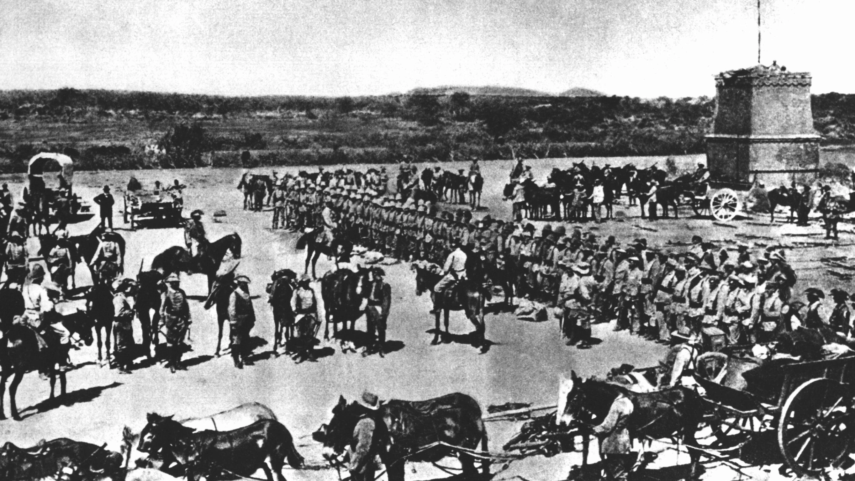 Vor dem Abmarsch in den Kampf gegen die aufständischen Hereros in Deutsch-Südwestafrika wird die 2. Marine-Feldkompanie eingesegnet. (Archivfoto von 1904). - dpa