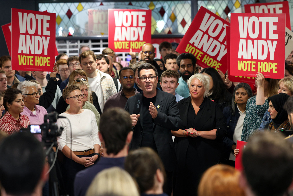 Greater Manchester mayor and Labour candidate Andy Burnham delivers a speech, in Wigan