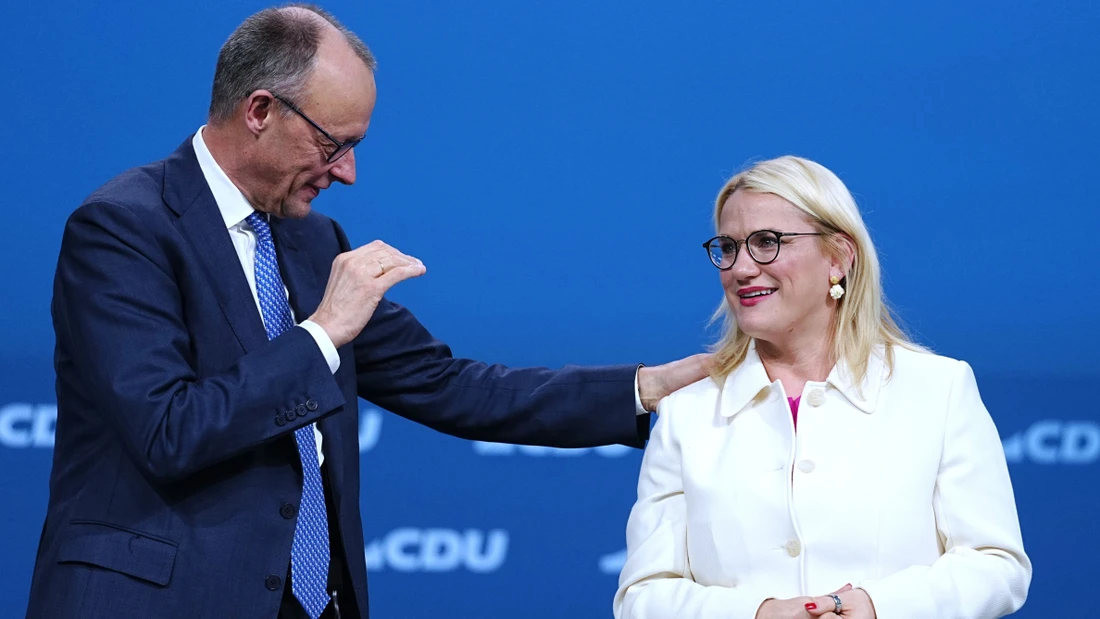 Bundeskanzler Friedrich Merz und Christina Stumpp auf dem CDU-Bundesparteitag im Februar in Stuttgart