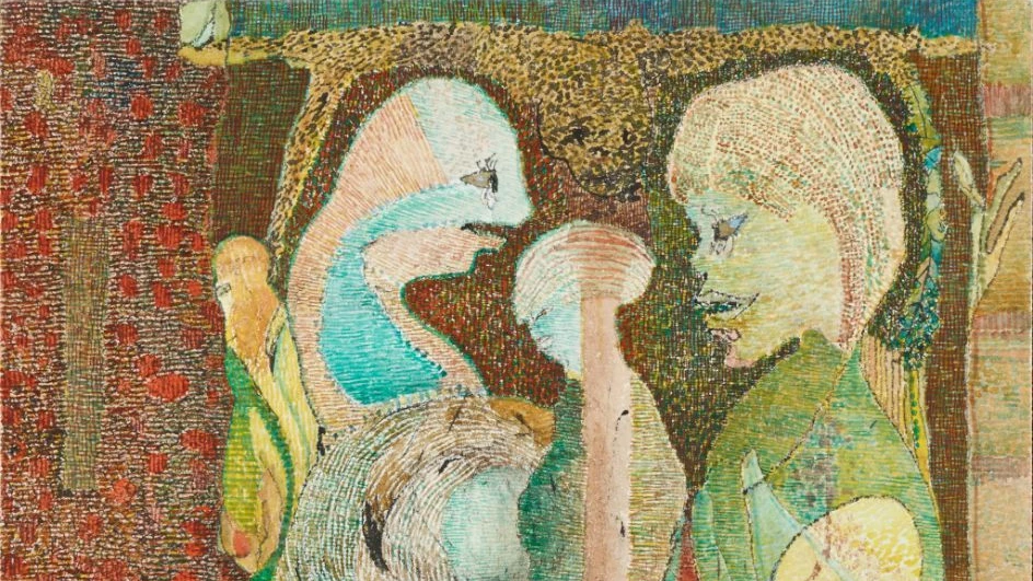 Die durch eine Zwischeninstanz vermittelte Kommunikation ist ein wiederkehrendes Motiv bei Gerhard Altenbourg, hier auf der 1969 angefertigten Zeichnung „Verständigung der Auguren über ein Geschick“.