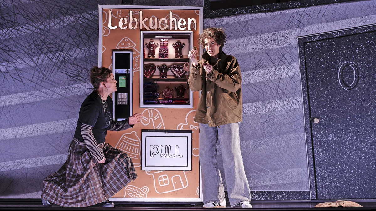 Alles so schön süß hier: Jana Baumeister als Gretel und Maria Hegele als Hänsel knuspern am Lebkuchen-Automaten auf der Bühne des Staatstheaters Darmstadt.