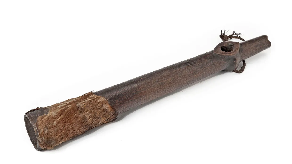 Blashorn aus der Sammlung Max von Stettens; Holz und Ziegenfell.