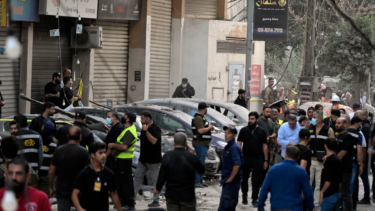 The impact site after the Israeli attack in southern Beirut on Sunday