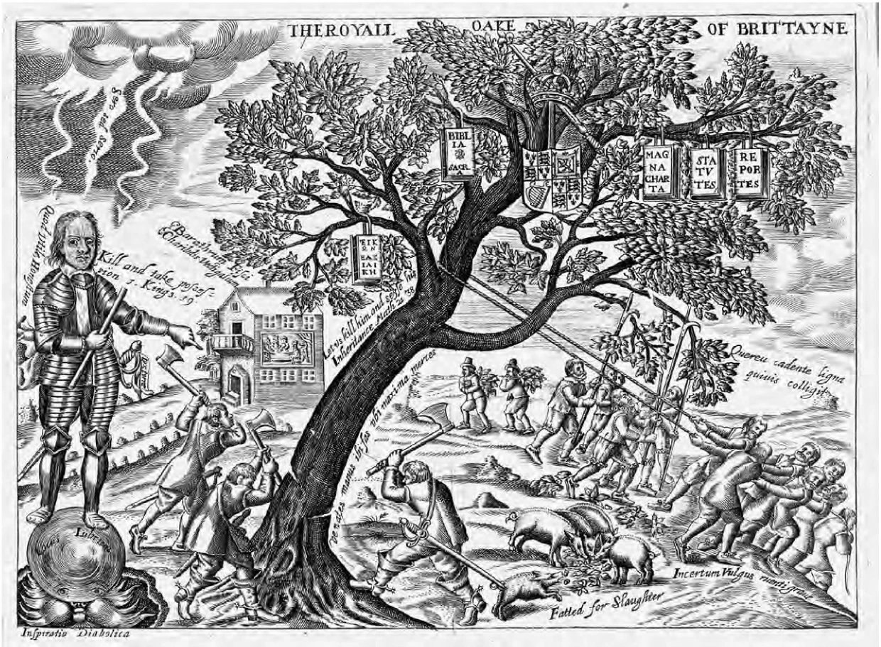 Cromwell zerstört die Ordnung und fällt die „köngliche Eiche Britanniens“: Diese satirische Illustration aus dem Jahr 1649 brachte dem Zeichner eine Anklage wegen Hochverrat ein.