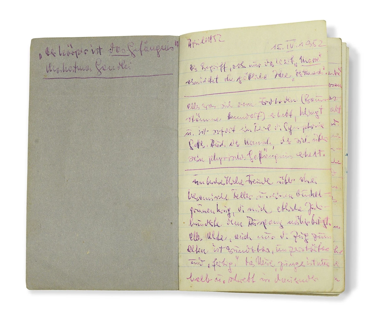 Thomas Bernhards Notizbuch "Oleander" mit einem Zitat Gandhis auf der Innenseite.