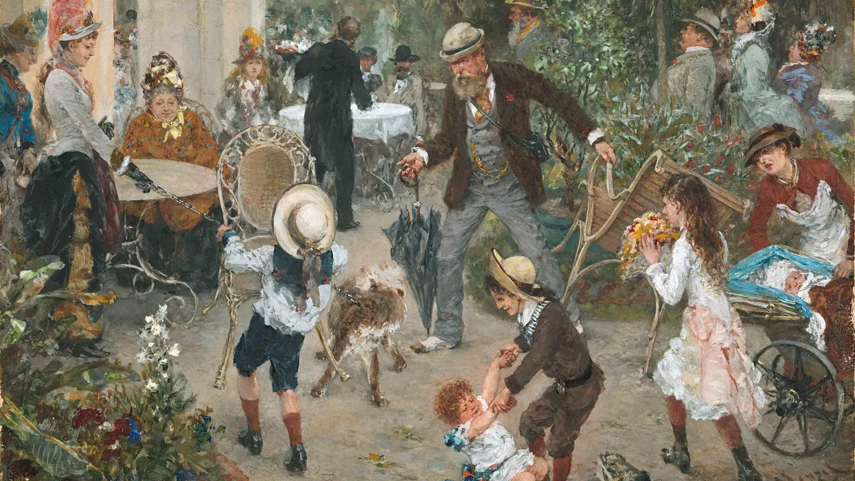 Adolph von Menzel, „Kaffeezeit in Kissingen“, 1886, Gouache und Wasserfarben auf Papier, 11,6 mal 18,4 Zentimeter, Preis auf Anfrage