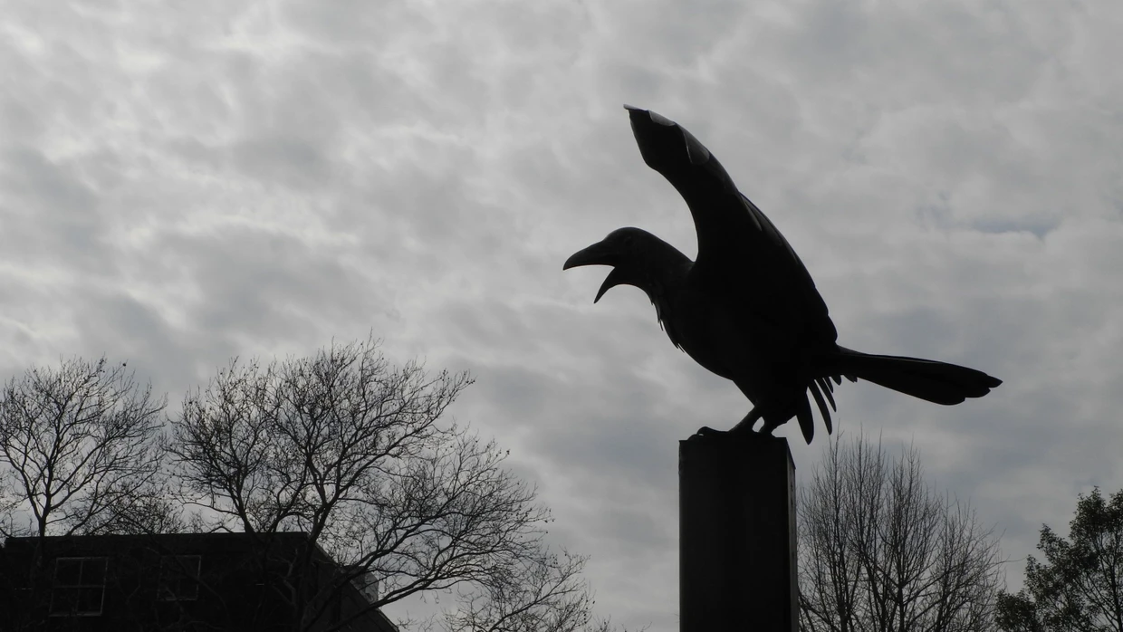 Statue eines Raben vor dem früheren Wohnhaus des amerikanischen Schriftstellers Edgar Allan Poe (1809 bis 1849) in Philadelphia