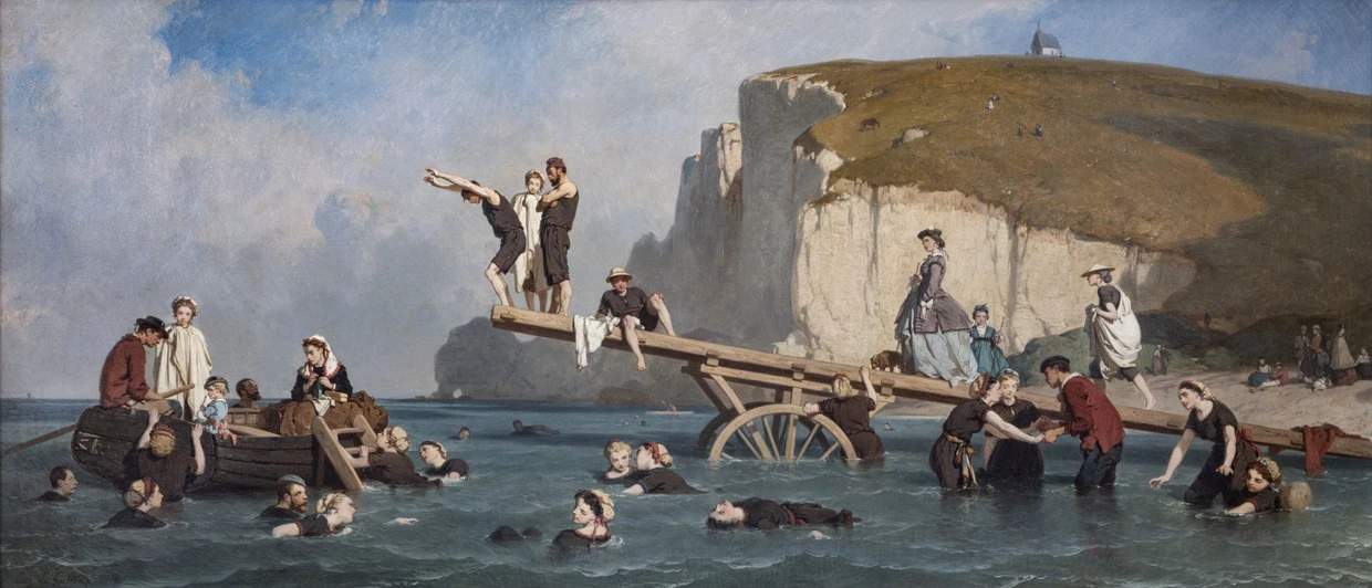 Die Jungs in roten Westen sind einheimische Badehelfer, die den etwas unbeholfenen Touristen beim Schwimmen und mehr helfen: Eugène Le Poittevins „Seebad in Étretat“ von 1866