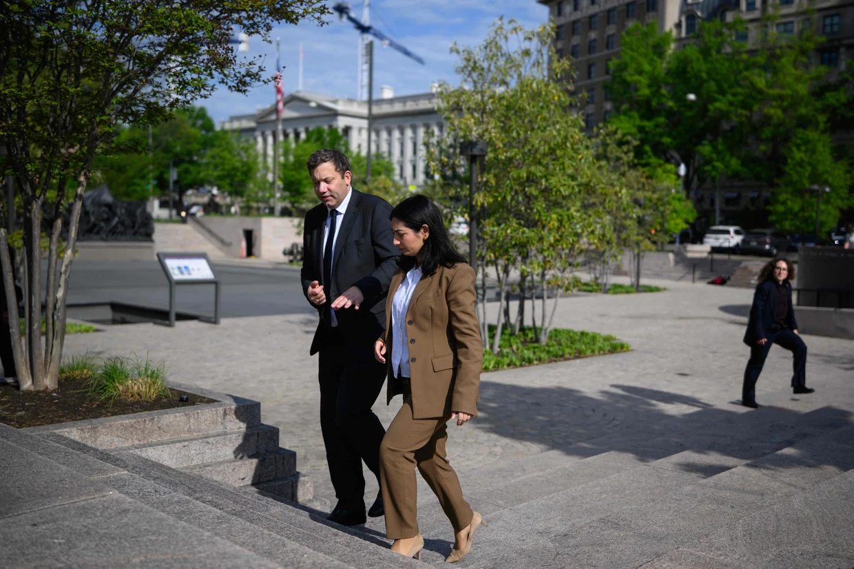 (L/R) German Vice Chancellor and Federal Minister of Finance Lars Klingbeil and German Federal Minister for Economic Cooperation and Development Reem Alabali Radovan walk through Freedom Plaza in Washington, DC, on April 15, 2026. (Photo by Mandel NGAN / AFP)