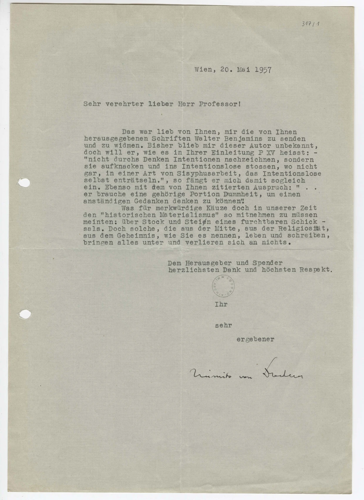 Merkwürdige Käuze und weisere Vögel: Doderers Dankesbrief an Adorno