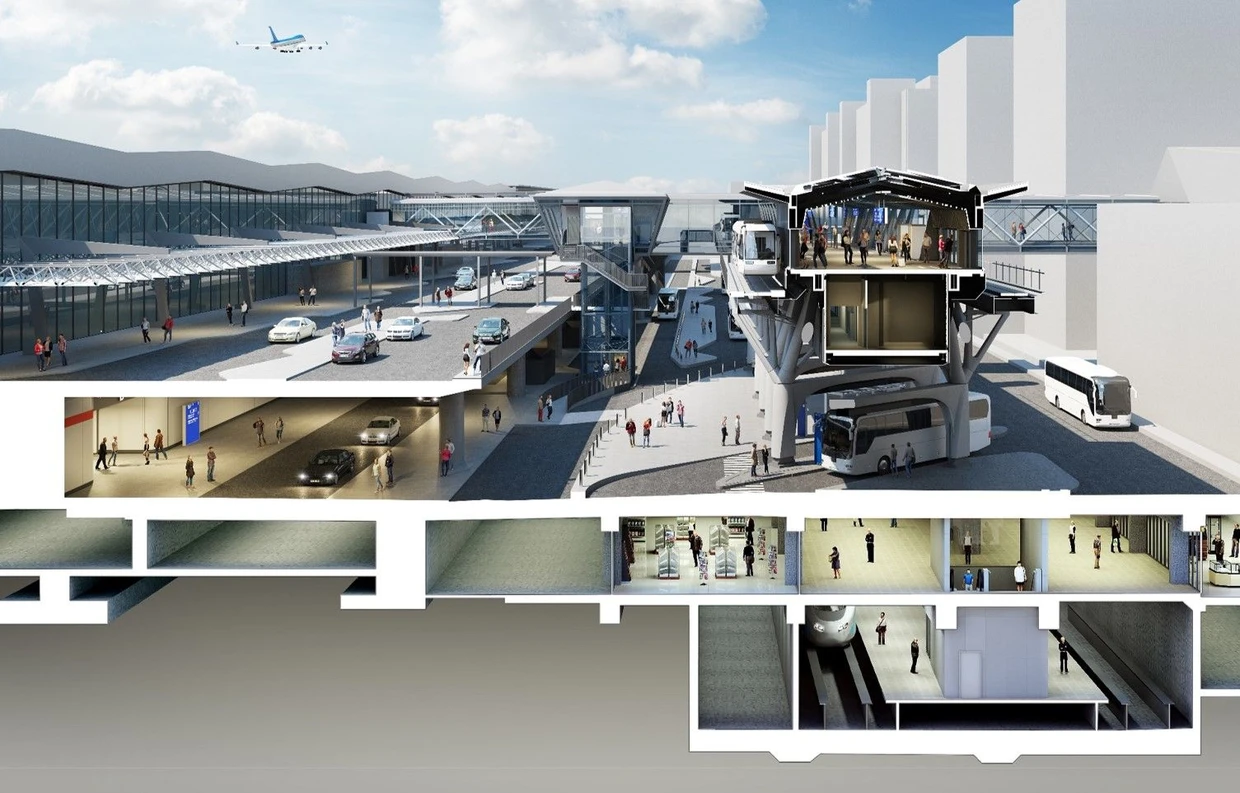 Wenig Platz: Visualisierung des Stationsgebäudes (rechts). Darunter befinden sich von oben nach unten der Busbahnhof, die Shoppingmall und der Regionalbahnhof.