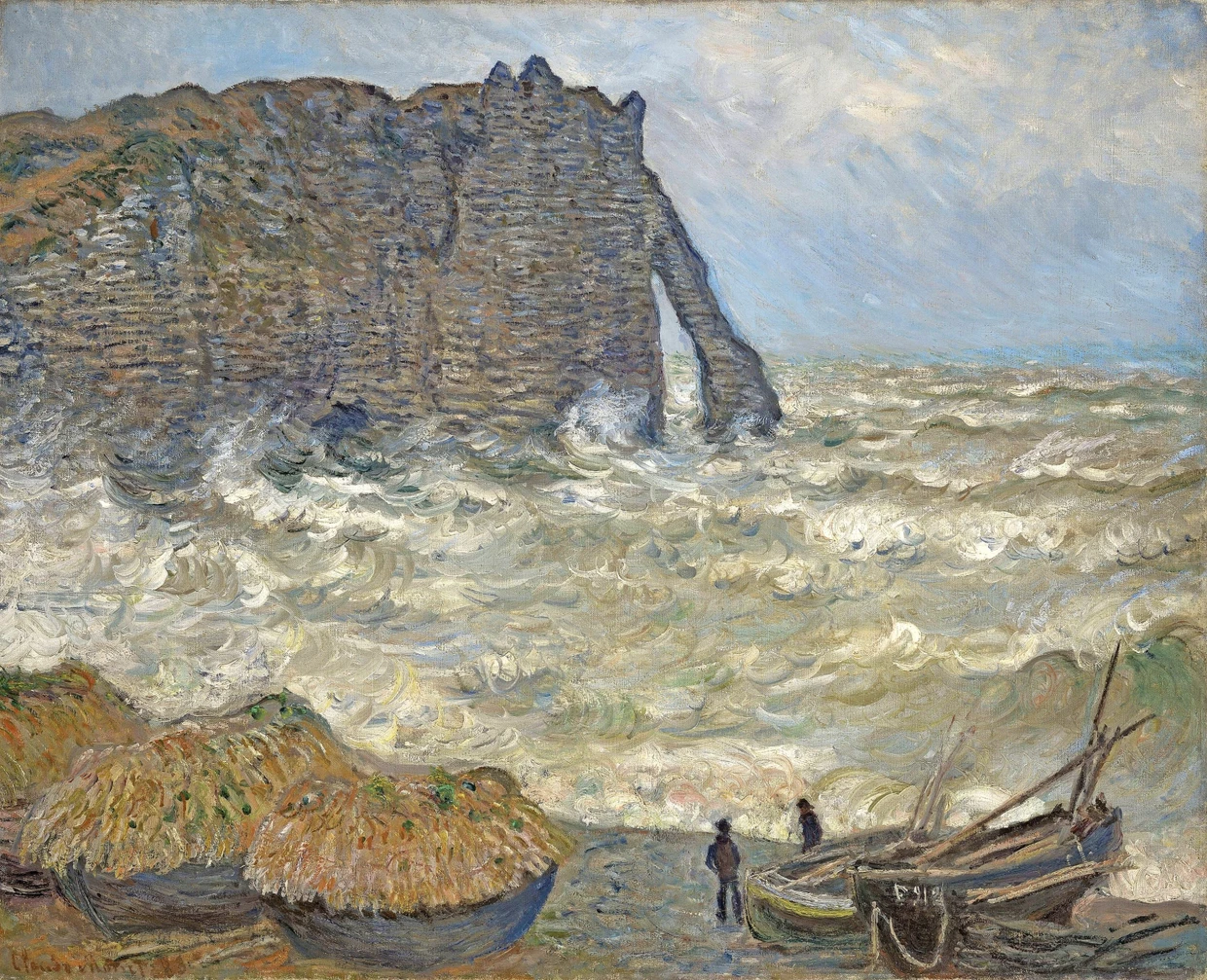 Die mit Stroh bedeckten Boote auf Monets „Étretat, mer agitée“ 1883 erinnern an seine Heuhaufen und das Meer an Courbets Woge