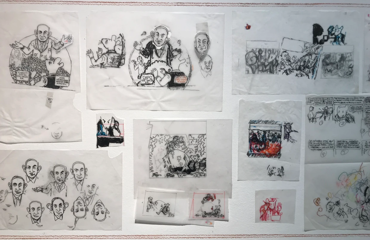 Arrangement von Art Spiegelmans Skizzen in der Galerie Martel