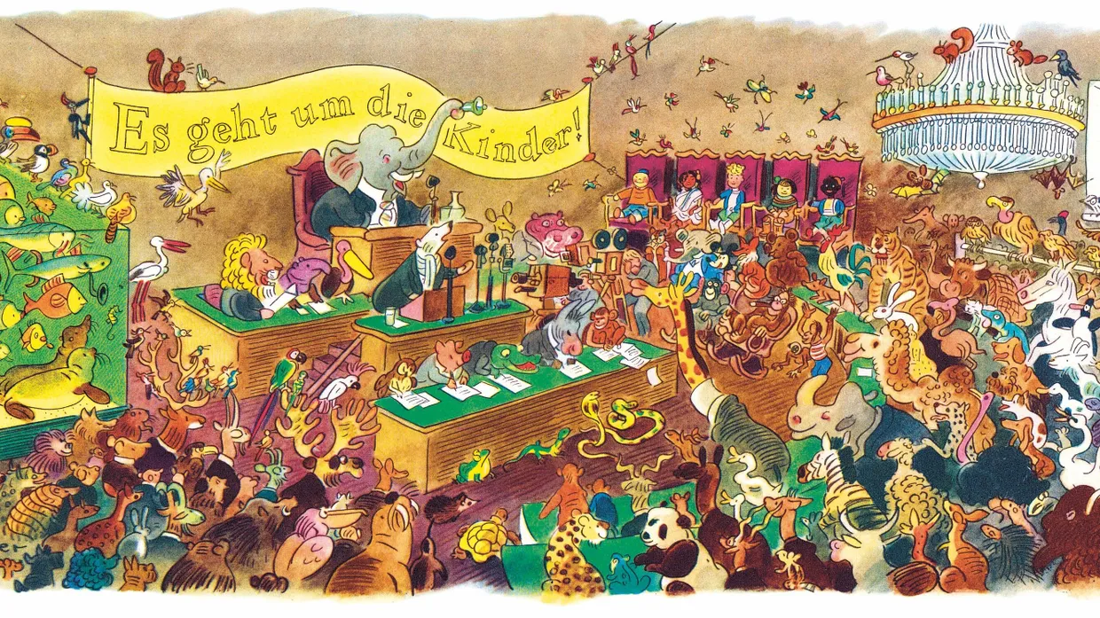 Illustration von Walter Trier zu Kästners Erzählung „Die Konferenz der Tiere“ aus Triers Erich-Kästner-Kalender für das Jahr 2019.
