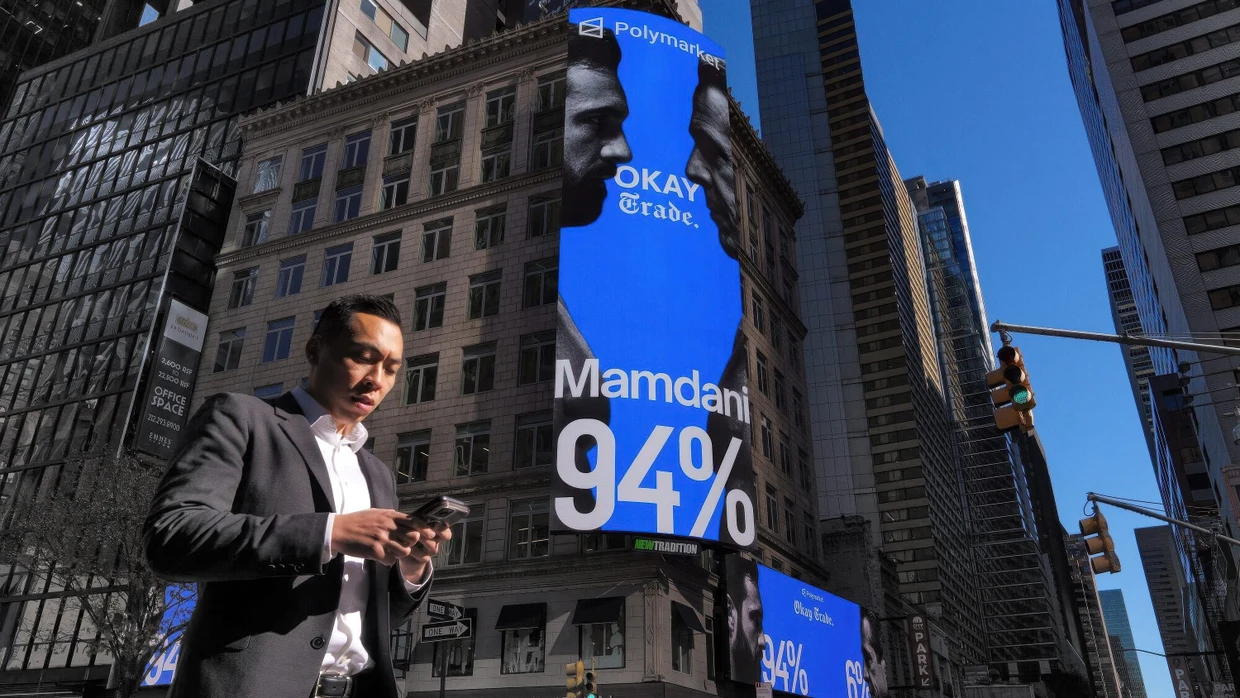 Gute Quote für Mamdami: Polymarket-Werbung am Times Square am 4. November 2025, dem Tag der New Yorker Bürgermeisterwahl