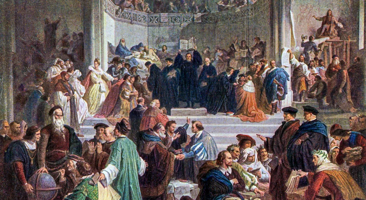 Das Zeitalter der Reformation: Druck nach einem Fresko von Wilhelm von Kaulbach im Treppenhaus des Neuen Museums in Berlin (entstanden 1847–1865)