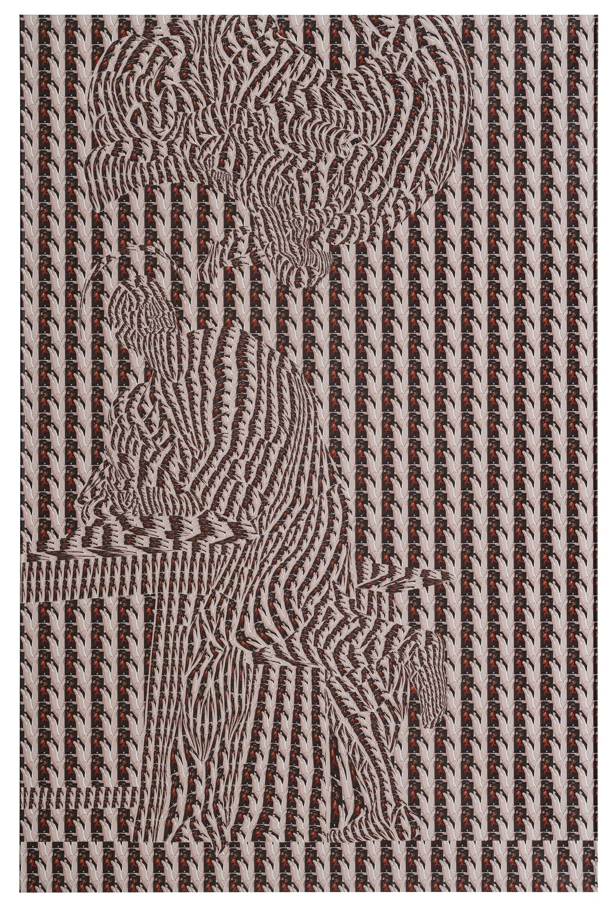 Der Evangelist wie auch der himmlische Einflüsterer bestehen aus Hunderten kleiner Caravaggios desselben Motivs von 1602: Thomas Bayrles „Hl. Matthäus trifft Engel von, 2015