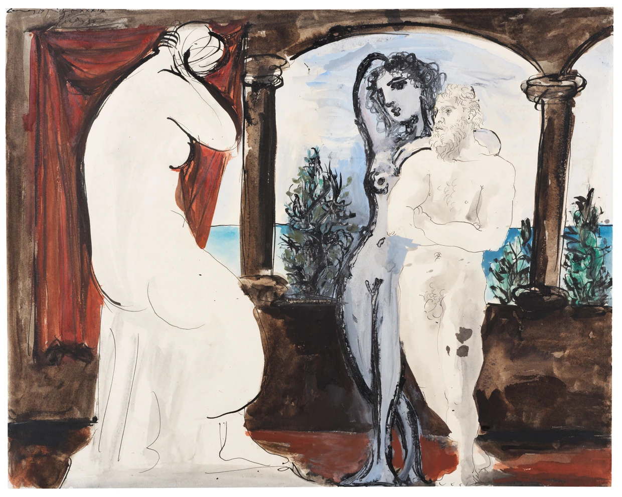 Platz sieben: Pablo Picasso, „Le sculpteur et son modèle“, 1933, Gouache, Aquarell undTusche auf Papier, 40,1 mal 50,5 Zenti­­meter; Zuschlag 1,35 Millionen Euro (Taxe 800.000/1,2 Millionen) am 6. Juni bei Ketterer in München