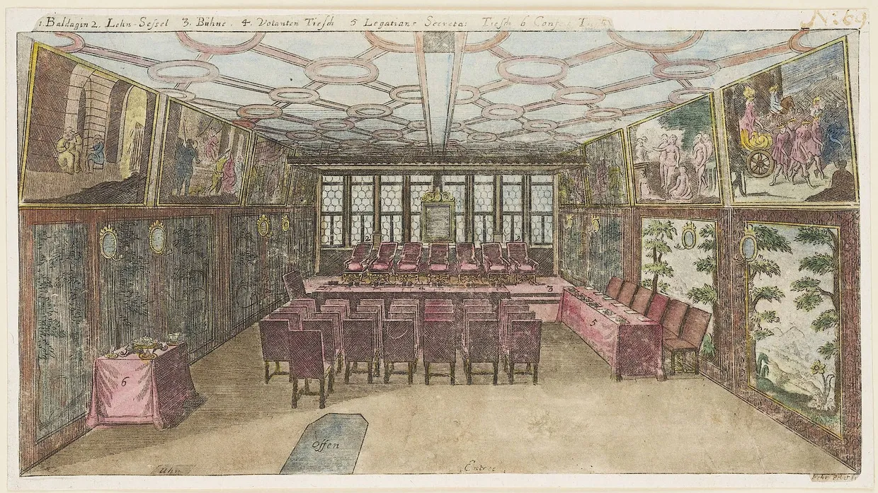 Reich ausgestattet: die Wahlstube auf einer Farbradierung von Peter Fehr (1711)