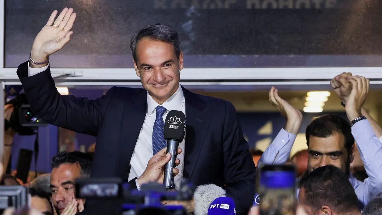 Der amtierende und wohl auch künftige Ministerpräsident Griechenlands, Kyriakos Mitsotakis, am Wahlabend