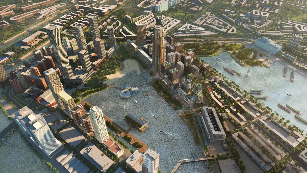 This is how Rhijnhaven will present itself after all planned projects have been completed. The bright, multi-rounded building in the water is the Maritime Center Rotterdam.