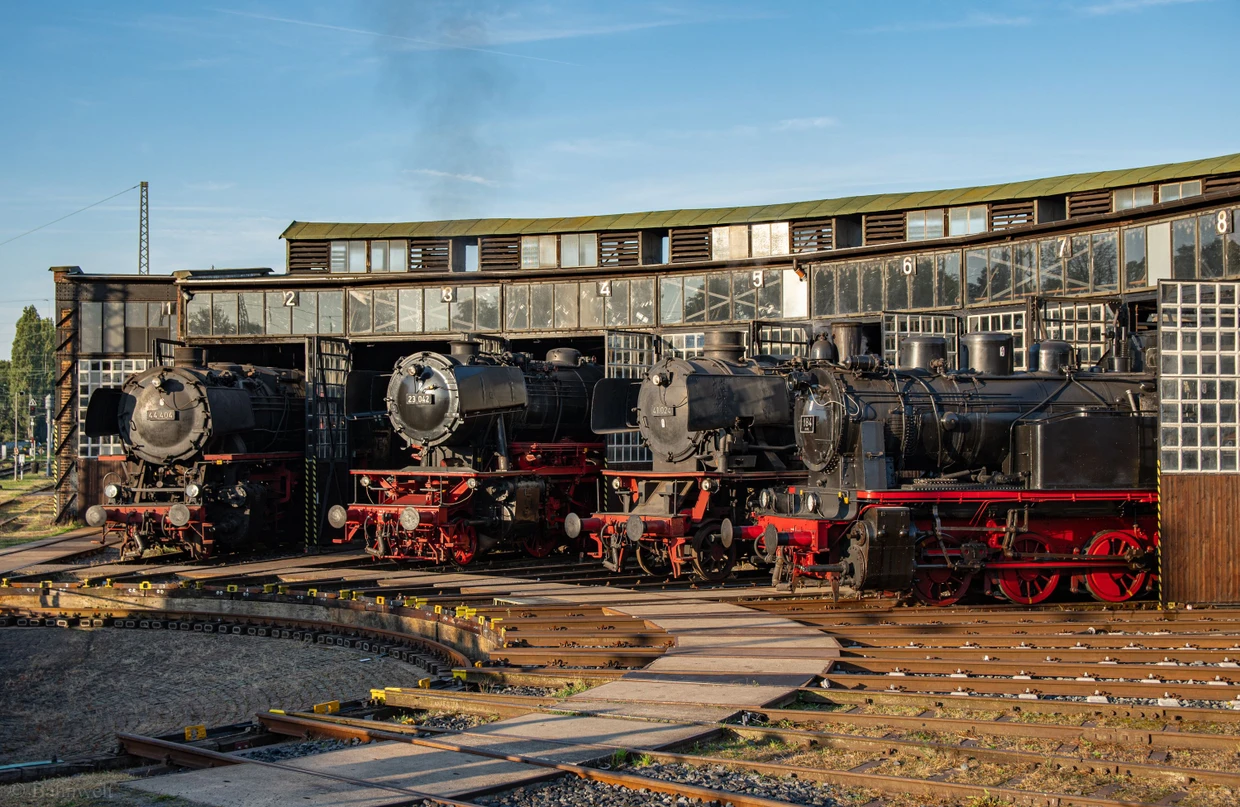 Im vertrauten Milieu: Dampflokotiven im Eisenbahnmuseum Darmstadt-Kranichstein vor dem historischen Ringlokschuppen.