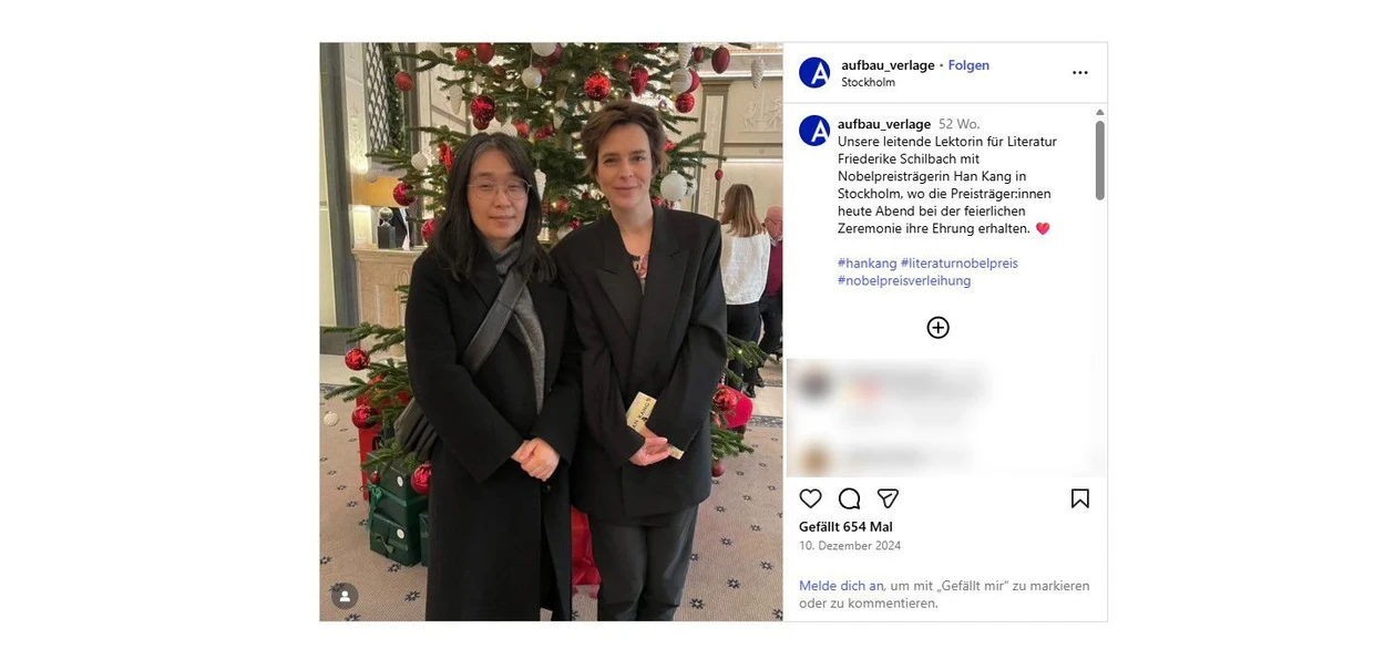 Han Kang mit Lektorin Friederike Schilbach in Stockholm im Dezember 2024