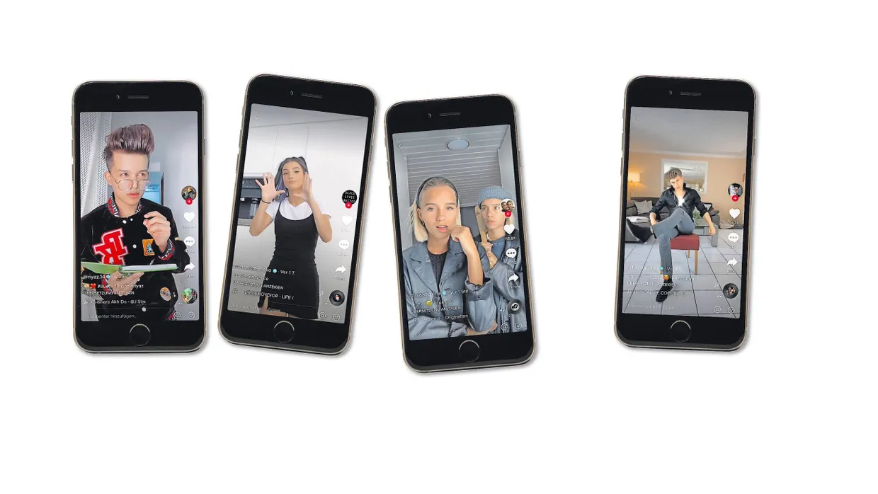 Prominente auf Tiktok v. l. n. r.: Riyaz Aly, Charli D'Amelio, Lisa und Lena, Falco Punch