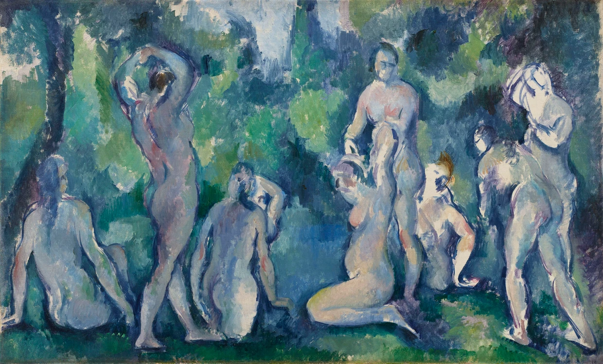 Eine von hundertvierzig Variationen der „Badenden“ als Wahrnehmungstest: Cézannes „Groupe de baigneuses, (Gruppe von Badenden)“, um 1895 Öl auf Leinwand, 47 x 77 cm, Ordrupgaard, Kopenhagen
