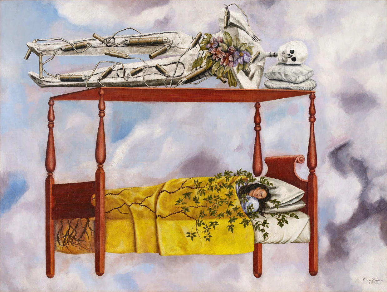  Frida Kahlo, „El sueño (La cama)“, 1940, Öl auf Leinwand, 74 mal 98 Zentimeter; Zuschlag 47 Millionen Dollar (Taxe 40/60 Millionen) am 18. November bei Sotheby’s in New York