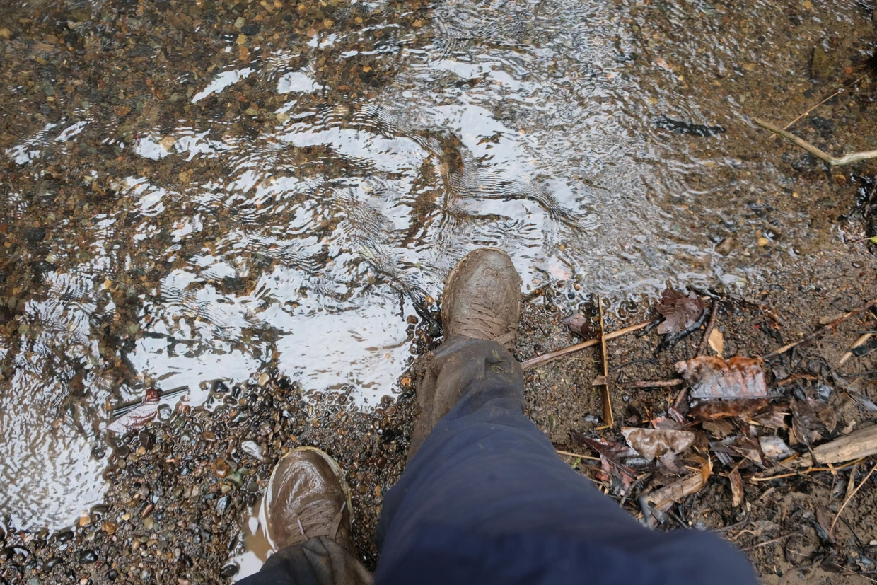Schritt für Schritt: Immer wieder geht es durch schlammige Gewässer.