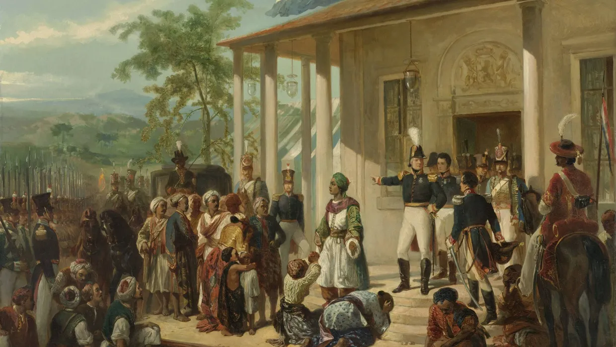 „Die Verhaftung Diponegoros durch General Baron de Kock“, Gemälde, um 1830. Der javanische Prinz und Freiheitskämpfer gegen die niederländische Kolonialmacht wurde 1830 gefangen genommen und verbannt.