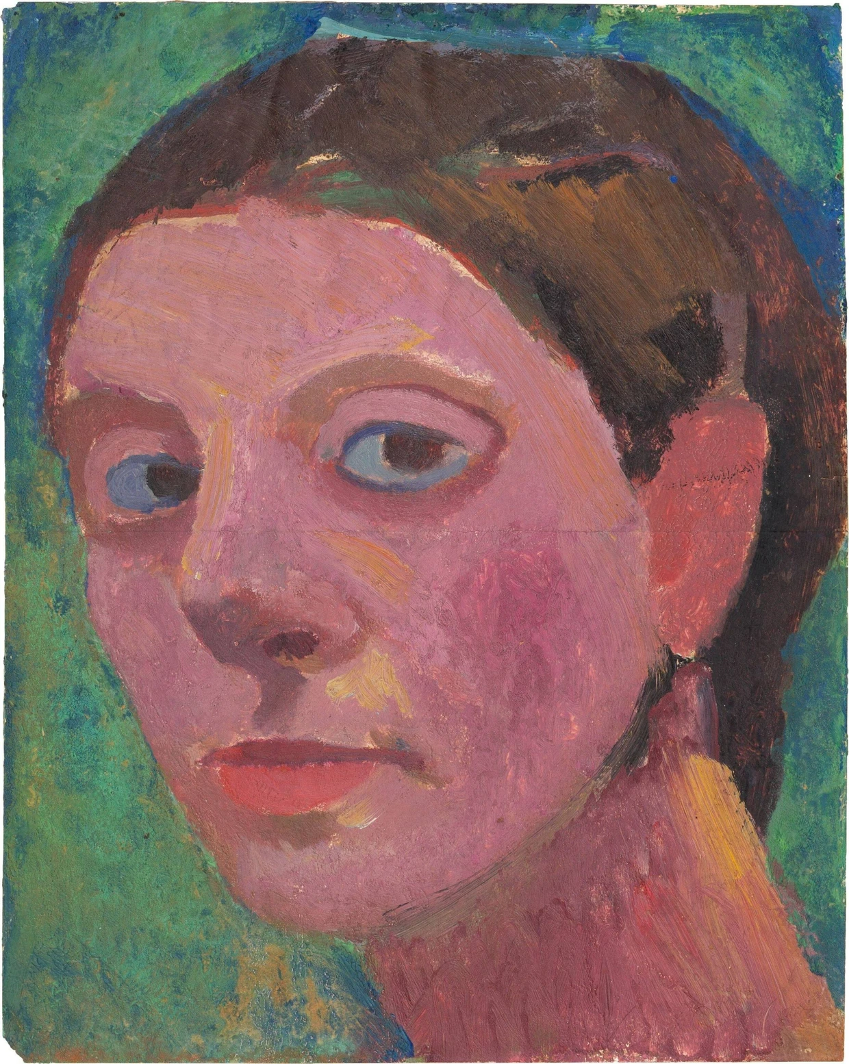 Entstanden 1906 und taxiert auf 250.000 bis 250.000 Euro: Paula Modersohn-Becker, „Selbstbildnis nach halblinks“, Öltempera auf Papier auf Pappe, 26,8 mal 21,2 Zentimeter