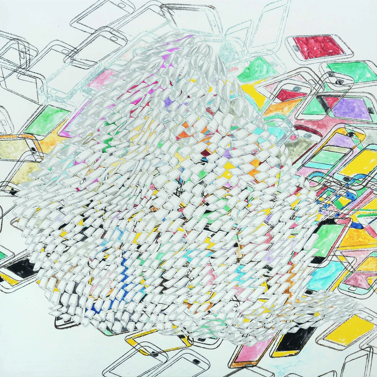 Monets Heuhaufen, von iPhones umschwirrt: Thomas Bayrles „Roll over Smartfon I“, 2019, Acryl und Digitaldruck auf Leinwand, 200 mal 200 Zentimeter